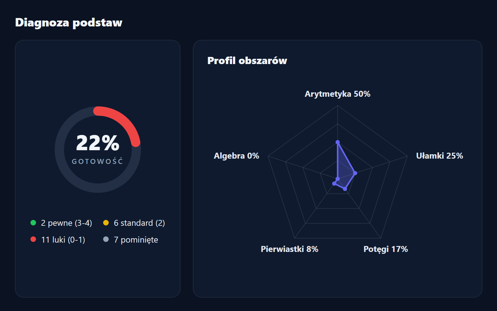 Raport diagnozy Kamila przed rozpoczęciem zajęć: 22% gotowości